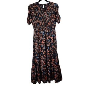 THML Womens Floral Smocked Maxi‎ Dress Small Bohemian Dark Romantic Whimsical